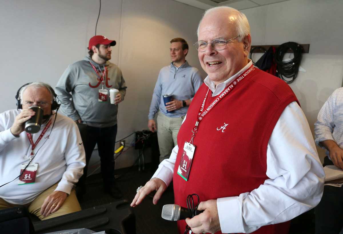 Eli Gold prepares for the broadcast before the Alabama football game with Western Carolina, Saturday, Nov. 24, 2019.